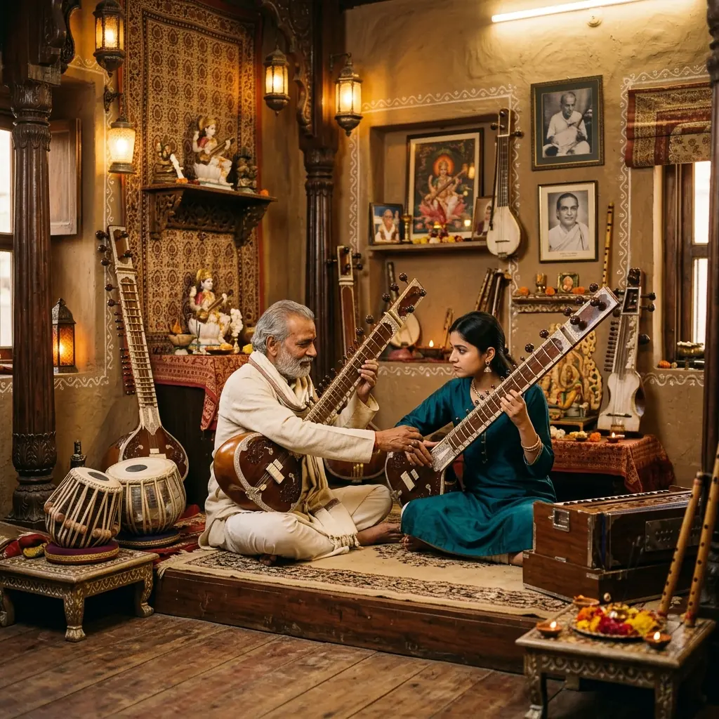 Guru teaching sitar at the academy
